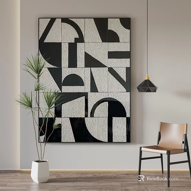 Stylish Interior With Large Black White Geometric Wall Art Potted Plant Chair And Pendant Light 3d model 