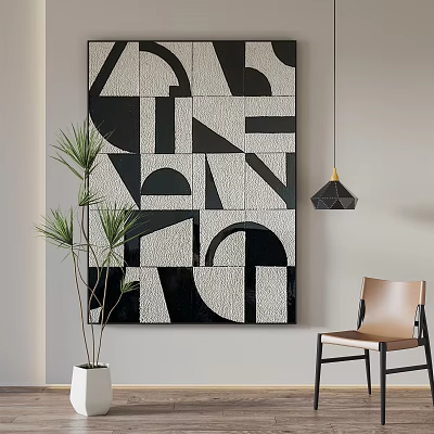 Stylish Interior With Large Black White Geometric Wall Art Potted Plant Chair And Pendant Light 3d model
