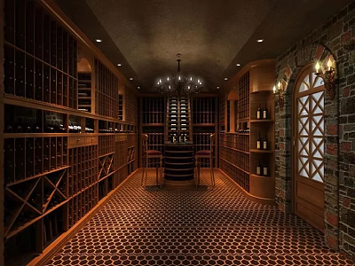 Elegant Wine Cellar with Wooden Racks Central Table Hexagonal Tiles Brick Walls and Arched Windows 3d model