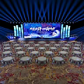 Grand Stage Design With Blue Lighting Ocean Wave Backdrop Decorative Pillars And Patterned Carpet 3d model