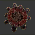 Round Dining Table With Red Blue Patterned Tablecloth And Pink Fringed Edges Wooden Legs