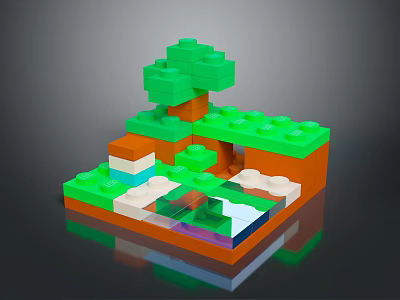 Colorful Lego Building Blocks Set Featuring Green Tree Brown Platform And Blue Water Play Area 3d model