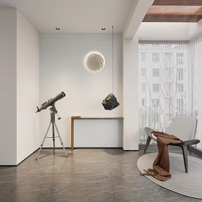 Modern Foyer Hallway With Telescope Moon Light And Chair 3d model