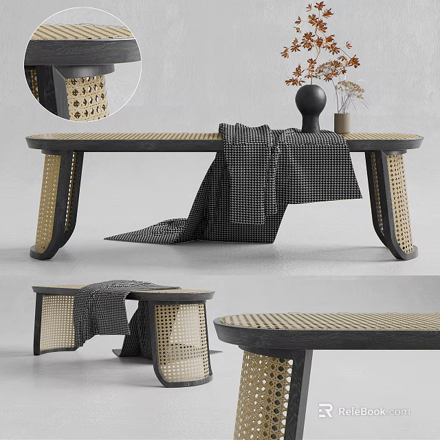 Modern Woven Ottoman With Dark Wood Frame and Plaid Blanket for Living Room Decor 3d model 