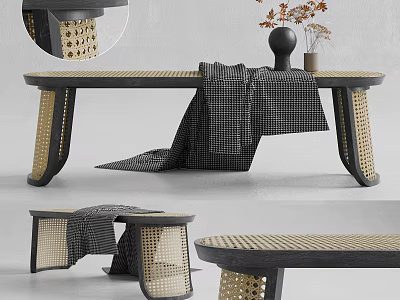 Modern Woven Ottoman With Dark Wood Frame and Plaid Blanket for Living Room Decor 3d model