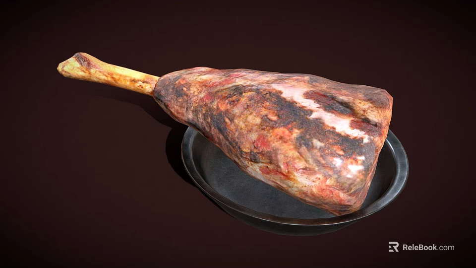 Juicy Lamb Roasted Leg Served on Black Plate with Dark Background 3d model 
