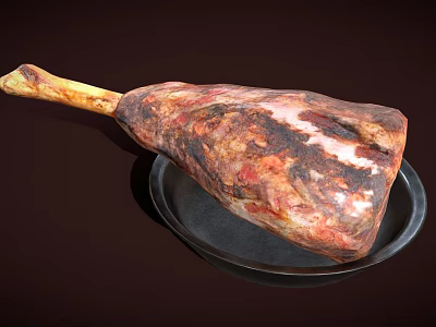 Juicy Lamb Roasted Leg Served on Black Plate with Dark Background 3d model