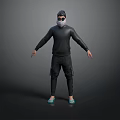 Man Wearing Black Balaclava Sunglasses Black Long Sleeve Top Black Pants Blue Slippers Gray Background 3d model