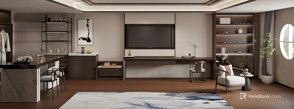 Modern Chinese Hotel Room Interior With TV Wall Writing Desk And Decorative Painting 3d model 