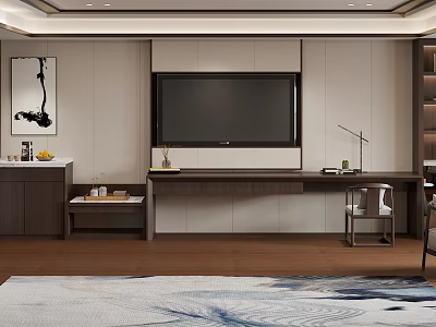 Modern Chinese Hotel Room Interior With TV Wall Writing Desk And Decorative Painting 3d model