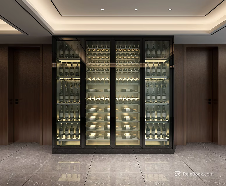 Modern Wine Cabinet With Glass Doors Displaying Wine Bottles In Interior Space 3d model 