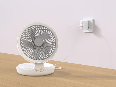 White Air Conditioner Fan on Wooden Tabletop with Modern Design Plugged into Wall Socket 3d model