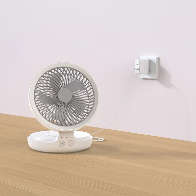 White Air Conditioner Fan on Wooden Tabletop with Modern Design Plugged into Wall Socket 3d model