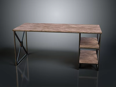 Contemporary Wooden Desk With Metal Frame And Two Lower Shelves Design 3d model