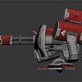 Red Silver Mechanical Weapon Turret With Cannon Barrel Tracked Base And Green Lights