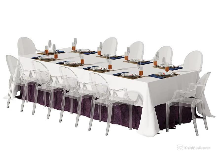 Dining Table Set With Long White Tablecloth Dark Apron Clear Acrylic Chairs And Tableware 3d model