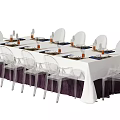Dining Table Set With Long White Tablecloth Dark Apron Clear Acrylic Chairs And Tableware 3d model