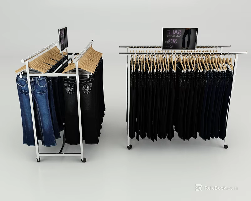 Clothing Racks With Jeans Black Pants Hanging Folded And 3 For 100 Sale Sign 3d model 