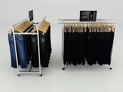 Clothing Racks With Jeans Black Pants Hanging Folded And 3 For 100 Sale Sign 3d model