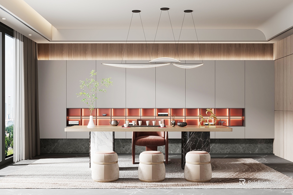 Modern Tea Room Interior Design With Hanging Lights Wooden Accents Marble Countertop And Green Plant 3d model 