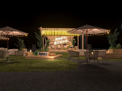 Night Garden Landscape with Wooden Pergola String Lights Outdoor Umbrellas Tables Chairs and Lush Grass 3d model