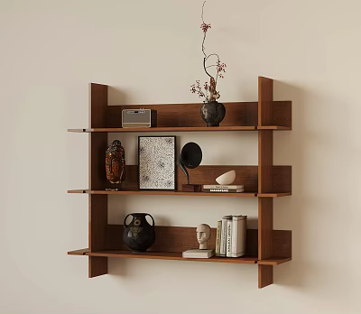 Wooden Wall Mounted Multi Tier Shelf Featuring Decorative Vase Photo Frame And Books 3d model