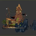 Rustic Treehouse Building With Thatch Roof Wooden Structure Green Plants Rocks And Stairs