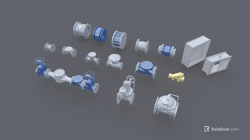 Assorted Industrial Mechanical Parts With Valves Pumps And Pipe Fittings Blue White Yellow 3d model 