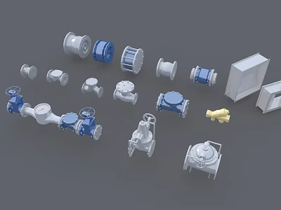 Assorted Industrial Mechanical Parts With Valves Pumps And Pipe Fittings Blue White Yellow 3d model