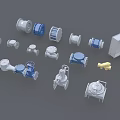 Assorted Industrial Mechanical Parts With Valves Pumps And Pipe Fittings Blue White Yellow