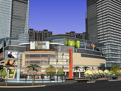 Modern Urban Commercial Complex With Shopping Mall Plaza Tall Buildings And Greenery 3d model