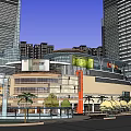 Modern Urban Commercial Complex With Shopping Mall Plaza Tall Buildings And Greenery