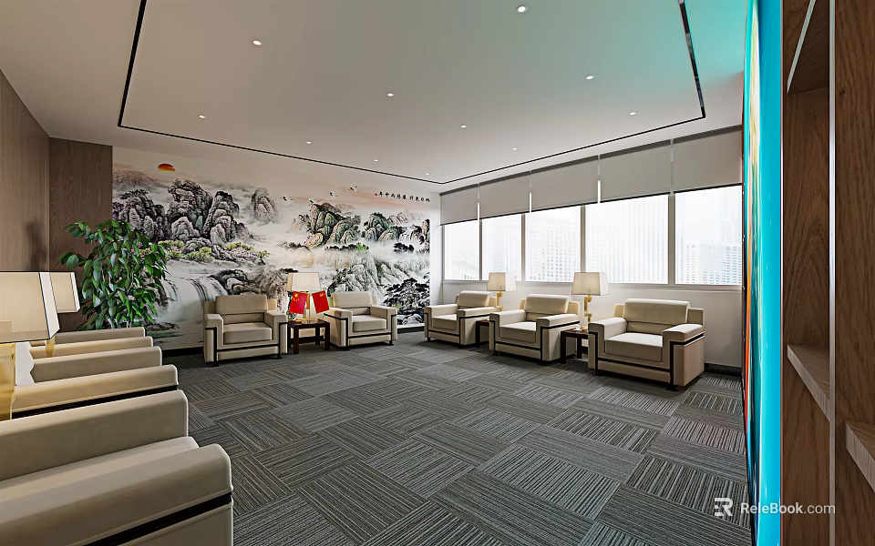 Elegant Hotel Public Lounge Area Featuring Comfortable Sofas Large Windows Green Plants And Landscape Art 3d model 