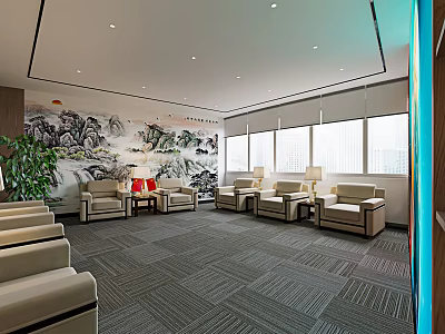Elegant Hotel Public Lounge Area Featuring Comfortable Sofas Large Windows Green Plants And Landscape Art 3d model