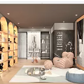 Cozy Entertainment Room With Arched Bookshelves Striped Armchairs Bean Bag Chair And Decorative Elements
