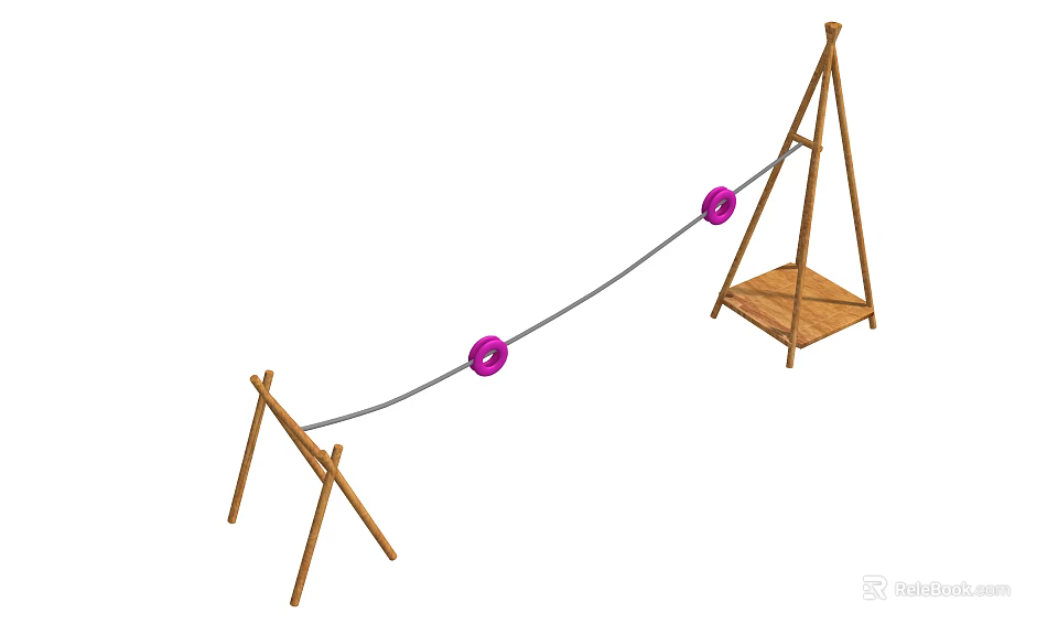 Outdoor Wooden Playground Equipment with Triangular Frames Rope and Pink Seats 3d model 