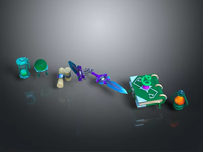 Enchanted Purple Blue Fantasy Sword with Magic Book Lantern Stool and Green Elements 3d model