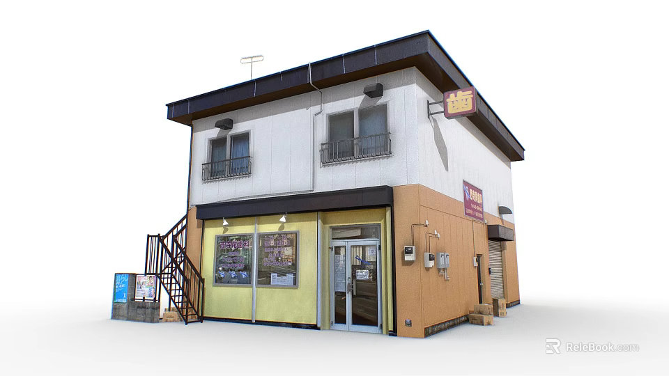 Two Story Commercial Building With Yellow Storefront Brown White Exterior Glass Windows And Metal Staircase 3d model 