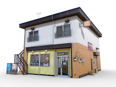 Two Story Commercial Building With Yellow Storefront Brown White Exterior Glass Windows And Metal Staircase 3d model