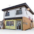 Two Story Commercial Building With Yellow Storefront Brown White Exterior Glass Windows And Metal Staircase