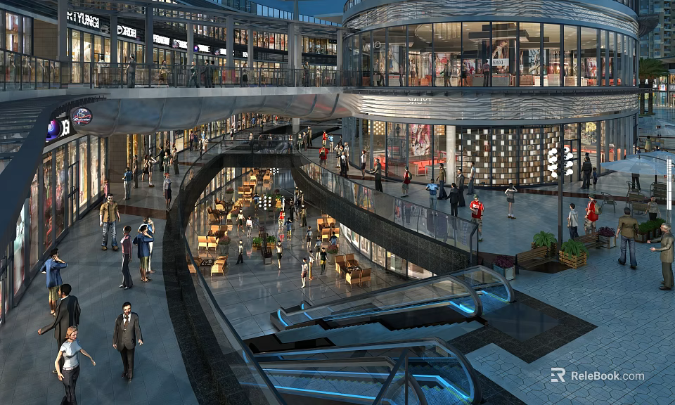 Modern Commercial Street With Multi Level Glass Facades Shops Pedestrians And Escalators 3d model 