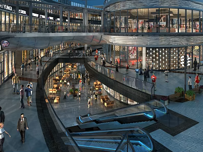 Modern Commercial Street With Multi Level Glass Facades Shops Pedestrians And Escalators 3d model