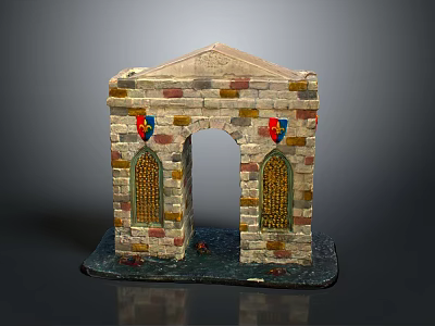Stone Archway Model With Colorful Bricks Side Windows Grilles And Top Decoration 3d model