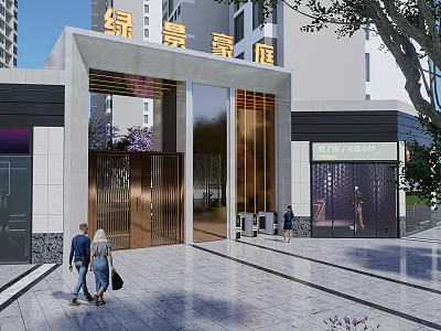 Modern Entrance Gate of Lujing Haoting with Metal Design and People on Stone Pavement 3d model