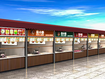 Outdoor Food Shop Front Counters With Multiple Stalls Signboards And Cash Registers 3d model