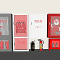 Fire Safety Equipment Featuring Gray White Red Hydrant Cabinets And Red Extinguishers 3d model