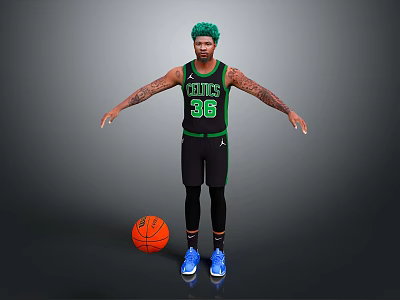 Man with green hair in Celtics number 36 jersey standing by basketball on gray background 3d model