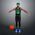 Man with green hair in Celtics number 36 jersey standing by basketball on gray background