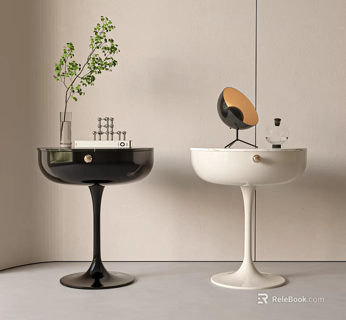 Stylish Black And White Bedside Tables With Tall Legs And Decorative Items 3d model 
