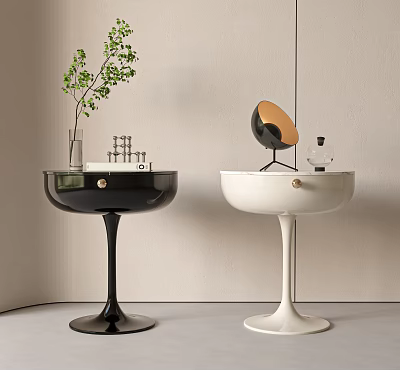 Stylish Black And White Bedside Tables With Tall Legs And Decorative Items 3d model
